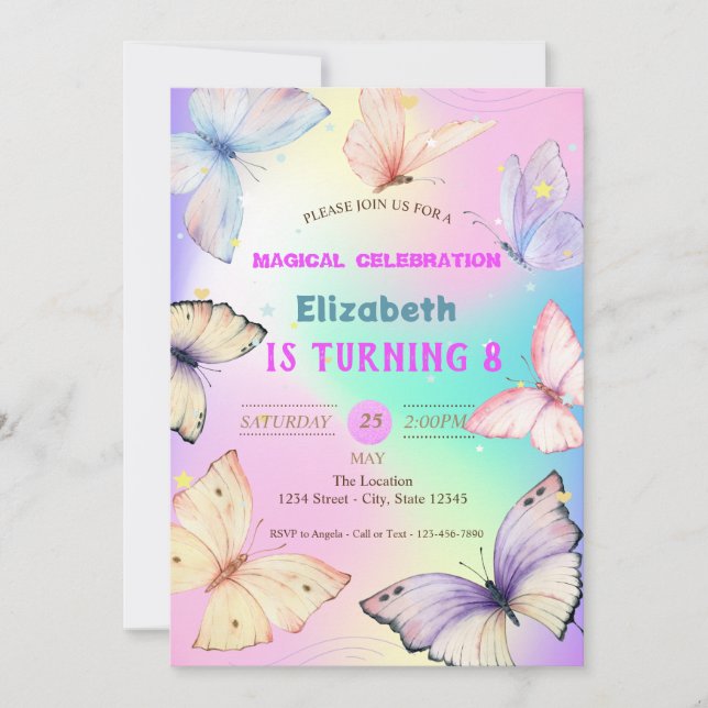 Watercolor Butterflies Holographic Birthday Einladung (Vorderseite)