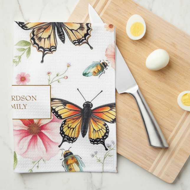 Watercolor butterflies windflowers monogram name geschirrtuch (Viertel Falte)