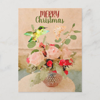 Watercolor Butterfly and Hummingbird Christmas Feiertagspostkarte
