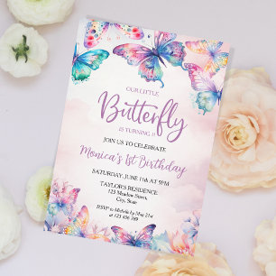 Watercolor Butterfly Baby Girl's 1. Geburtstag Einladung