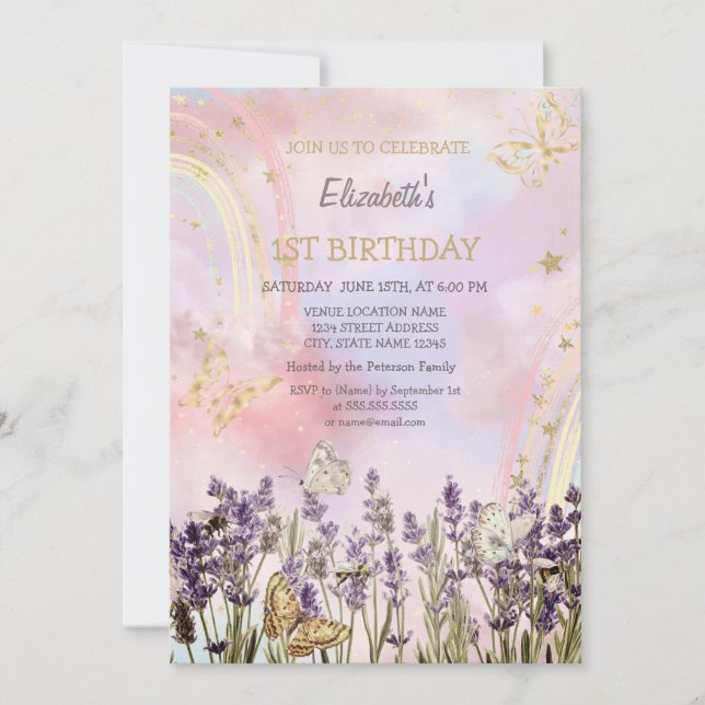 Watercolor Butterfly Lavander Birthday Einladung (Vorderseite)