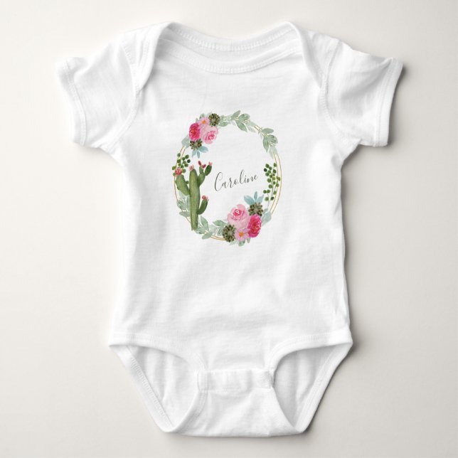 Watercolor Cactus Pink Floral Wreath Personalized  Baby Strampler (Vorderseite)