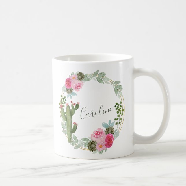 Watercolor Cactus Pink Floral Wreath Personalized  Kaffeetasse (Rechts)