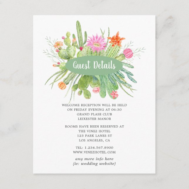 Watercolor Cactus Wedding Guest Details Begleitkarte (Vorderseite)