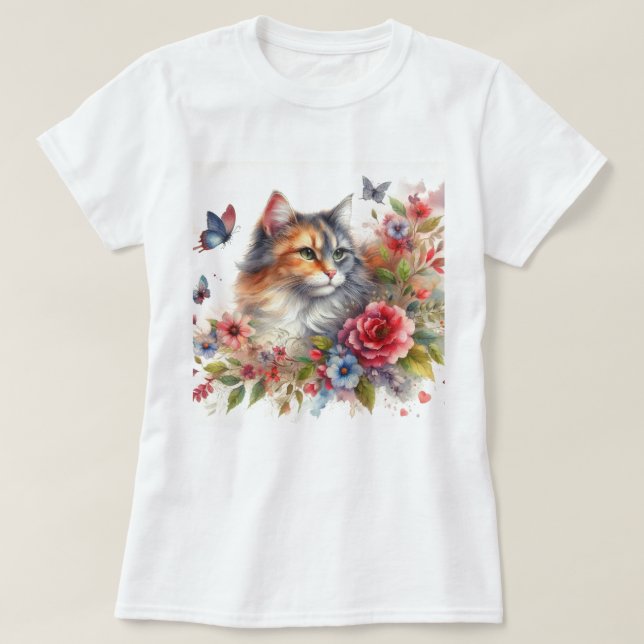 Watercolor Calico Cat Ladys T-Shirt (Design vorne)