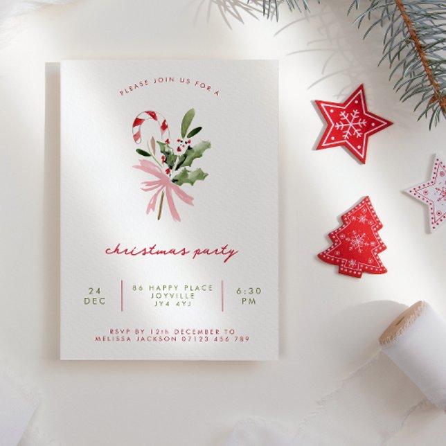 Watercolor Candy Cane Holly & Bow Christmas Party Einladung (Von Creator hochgeladen)
