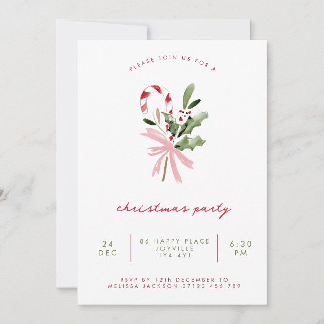 Watercolor Candy Cane Holly & Bow Christmas Party Einladung (Vorderseite)