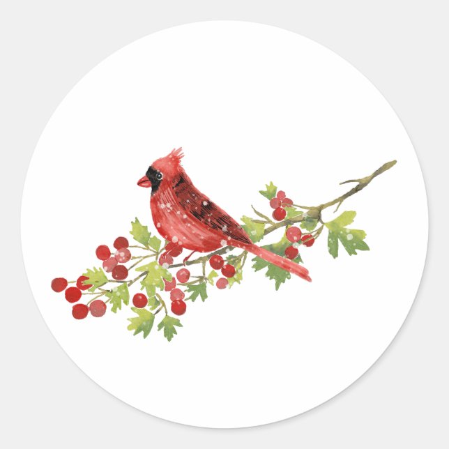 Watercolor Cardinal Bird on Berry Branch  Runder Aufkleber (Vorderseite)