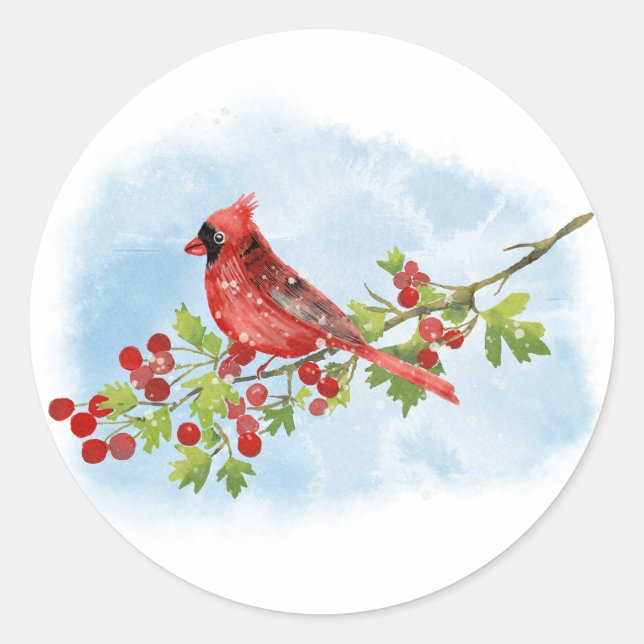 Watercolor Cardinal Bird on Berry Branch  Runder Aufkleber (Vorderseite)