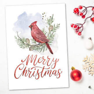 Watercolor Cardinal Conifers Snow Christmas Feiertagskarte