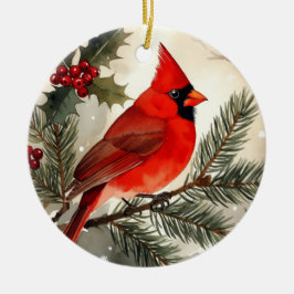 Watercolor Cardinal on Pine Branch Christmas Round Keramik Ornament