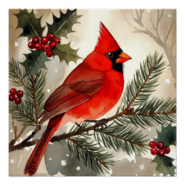 Watercolor Cardinal on Snowy Pine Branch Christmas Poster