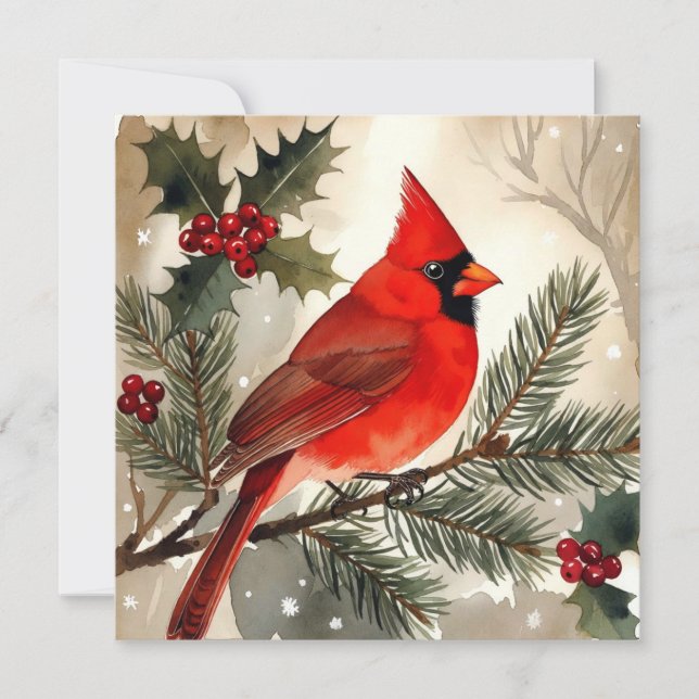Watercolor Cardinal on Snowy Pine Branch Flat Card (Vorderseite)