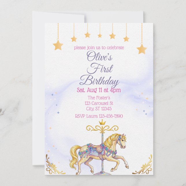 Watercolor Carousel Horse Pink Gold Birthday Einladung (Vorderseite)