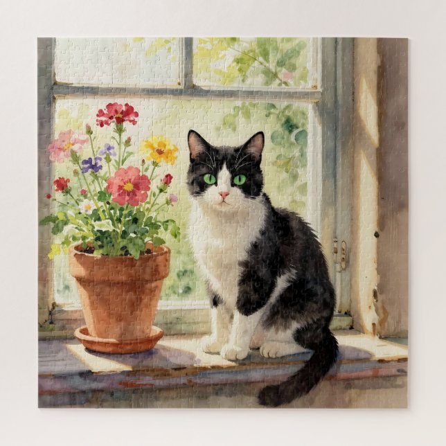 Watercolor Cat and Flower Themed Puzzle (Vertikal)