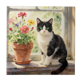 Watercolor Cat and Flowers on Window Sill Fliese