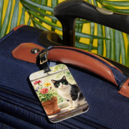Watercolor Cat and Flowers on Window Sill Gepäckanhänger