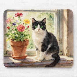 Watercolor Cat and Flowers on Window Sill Mousepad