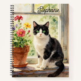 Watercolor Cat and Flowers on Window Sill Notizbuch