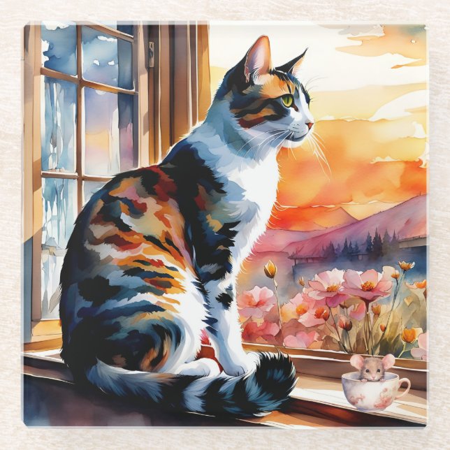Watercolor Cat and Mouse Greeting Card Glasuntersetzer (Vorderseite)
