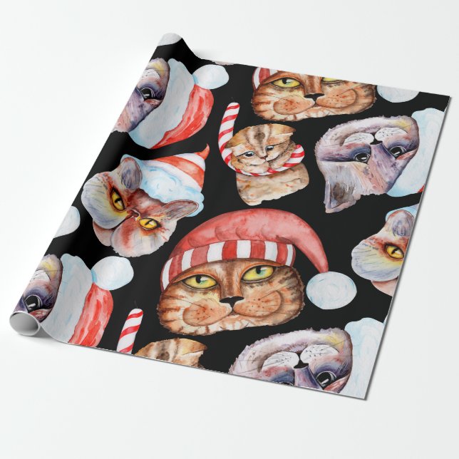Watercolor Cat Christmas Pattern Geschenkpapier (Ungerollt)