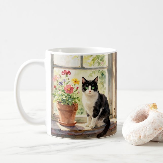 Watercolor Cat, Flowers and Poem Kaffeetasse (Mit Donut)