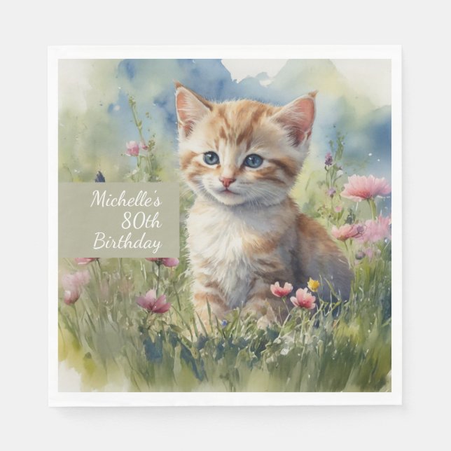 Watercolor Cat Meadow Flowers 80th Birthday Serviette (Vorderseite)