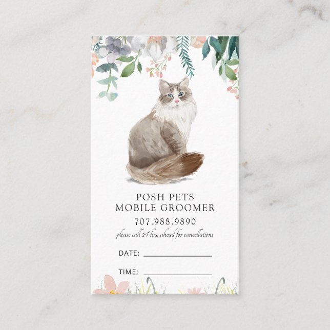 Watercolor Cat Mobile Pet Groomer Terminkarte (Vorderseite)