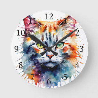 Watercolor Cat Multicolor Splash art Runde Wanduhr