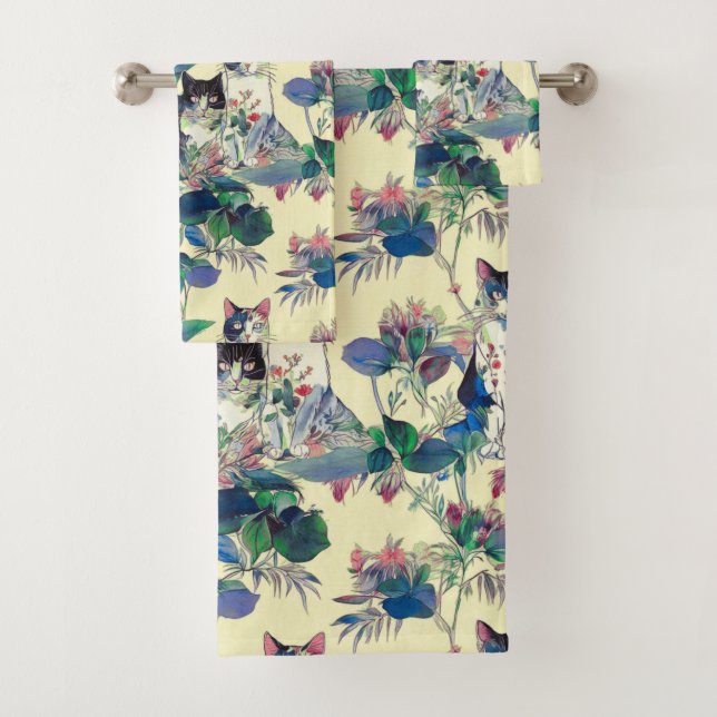 Watercolor Cats in a Garden Badhandtuch Set (Insitu)