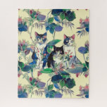 Watercolor Cats in a Garden Puzzle<br><div class="desc">Puzzle in a watercolor-style illustration of three black-and-white cats surrounded by lush,  vibrant green foliage,  with purple and pink flowers. The composition is dreamy and nature-infused,  blending realism with fantasy.</div>