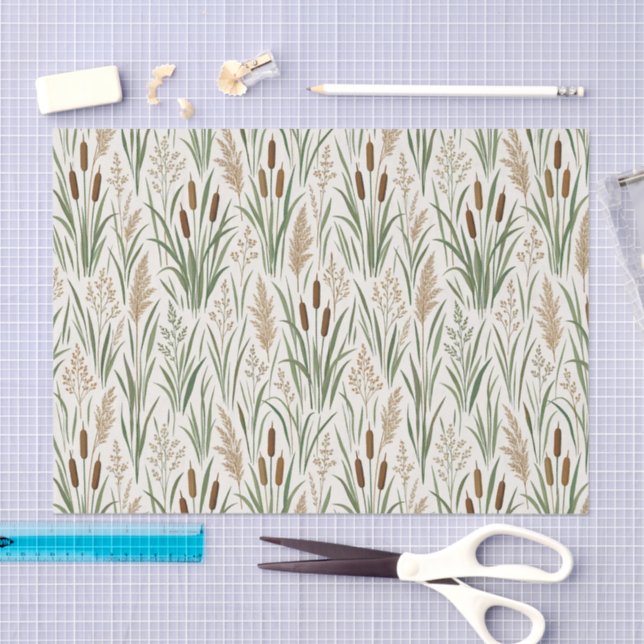 Watercolor Cattail Reeds Botanical Pattern Seidenpapier (Handwerk)