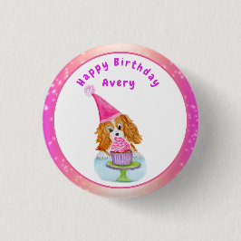 Watercolor Cavalier King Charles Cupcake Birthday Button