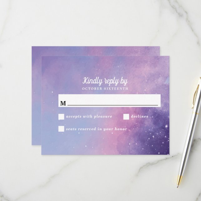 Watercolor Celestial Wedding RSVP Card Karte (Vorderseite/Rückseite Beispiel)