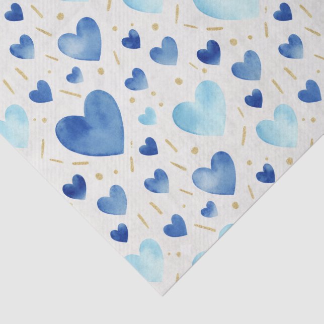 Watercolor Cerulean Hearts & Gold Sparkle Seidenpapier (Ausschnitt)