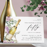 Watercolor Champagne Elegant Women's 50th Birthday Einladung<br><div class="desc">Modern 50th birthday invitations featuring a watercolor illustration of a champagne bottle surrounded by blooming purple flowers. Large "fifty" text is written in script,  for a fun-but-elegant invitation with a coordinating pale green color on the reverse.</div>