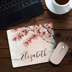 Watercolor Cherry Blossom Floral Girl Name Mousepad