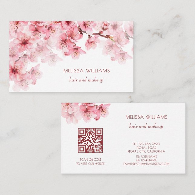 Watercolor Cherry Blossoms QR Code Visitenkarte (Vorne/Hinten)