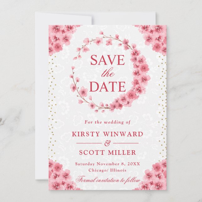 Watercolor Cherry Blossoms Wreath Wedding Save The Date (Vorderseite)