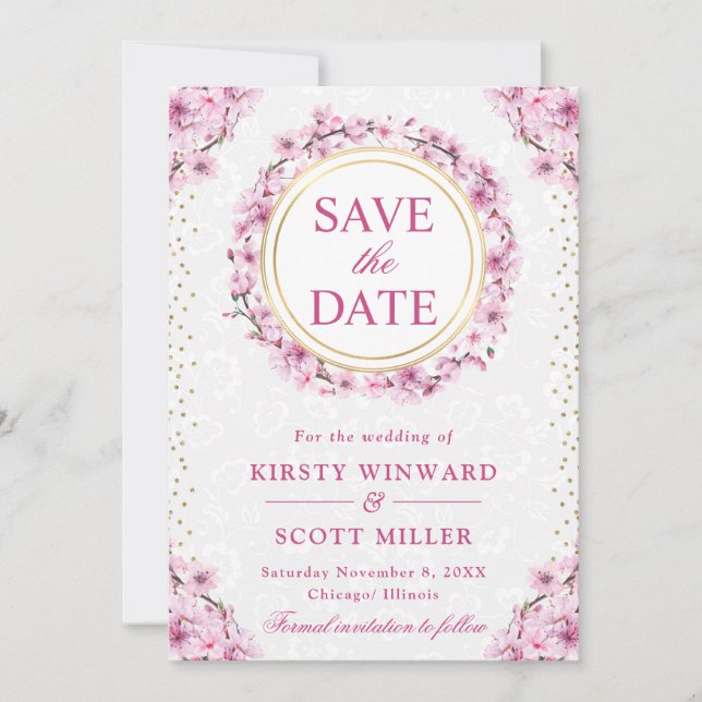 Watercolor Cherry Blossoms Wreath Wedding Save The Date (Vorderseite)