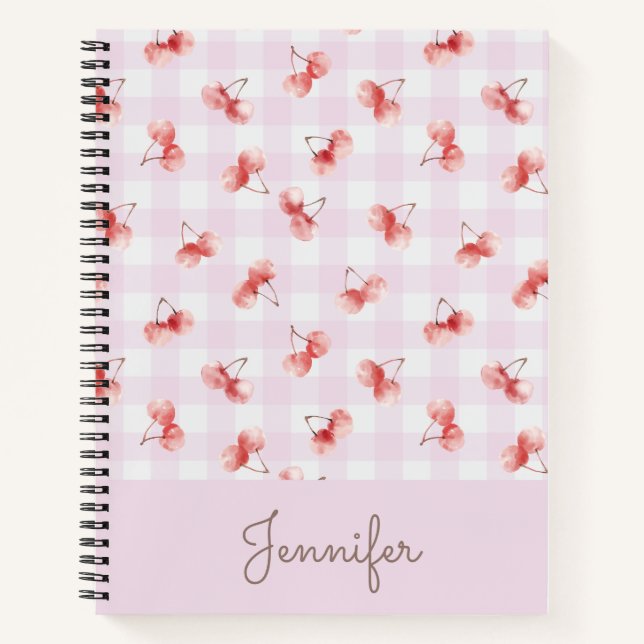 Watercolor Cherry Pink Gingham Pattern Custom Name Notizbuch (Vorderseite)