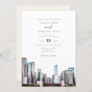Watercolor Chicago Skyline Einladung zur Hochzeit