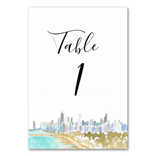 Watercolor Chicago Wedding Table Numbers Tischnummer (Vorderseite)