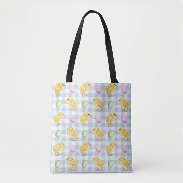 Watercolor Chick And Eggs On Blue Gingham Pattern (Vorderseite)