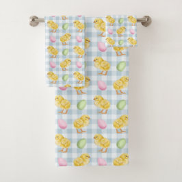 Watercolor Chick And Eggs On Blue Gingham Pattern Badhandtuch Set