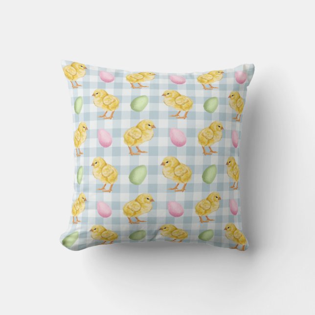 Watercolor Chick And Eggs On Blue Gingham Pattern Kissen (Vorderseite)