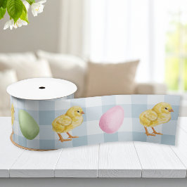 Watercolor Chick And Eggs On Blue Gingham Pattern Satinband