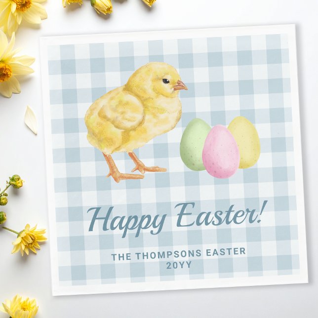 Watercolor Chick And Eggs On Blue Happy Easter Serviette (Von Creator hochgeladen)