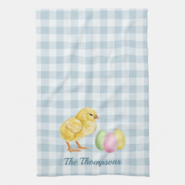 Watercolor Chick And Eggs On Blue With Name Geschirrtuch