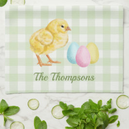 Watercolor Chick And Eggs On Green With Name Geschirrtuch